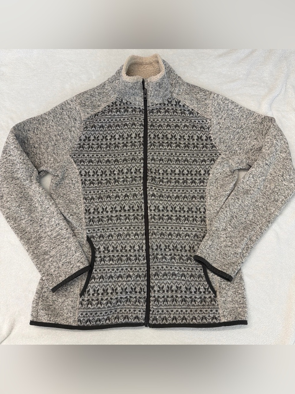 Eddie Bauer Heathered Gray Full-Zip Sweater with Patterned Front